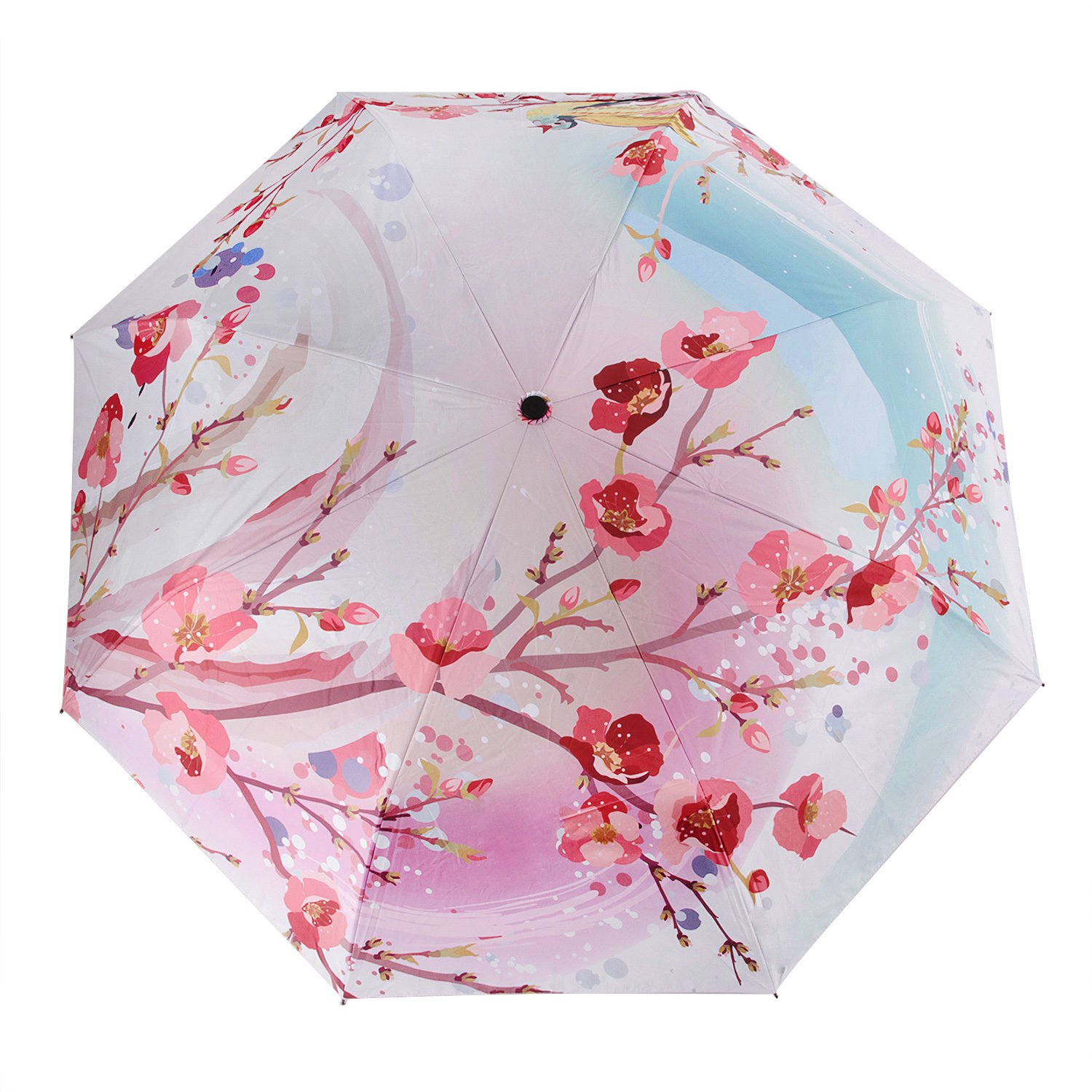 Portable Folding Automatic Umbrella Telescopic Lightweight Compact Travel Sun Umbrellas Parasol Windproof, Rainproof & 99% UV Protection with Black Anti-UV Coating, UPF 50+ (Peach Blossom)