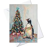 Penguin Tangled in Christmas Lights Greeting Cards - Cards with Envelopes - (Set of 10) Large 5.8 x 8.3 inch Folded Card Blank Note Cards Holiday 1 (Penguin, Pack of 10)