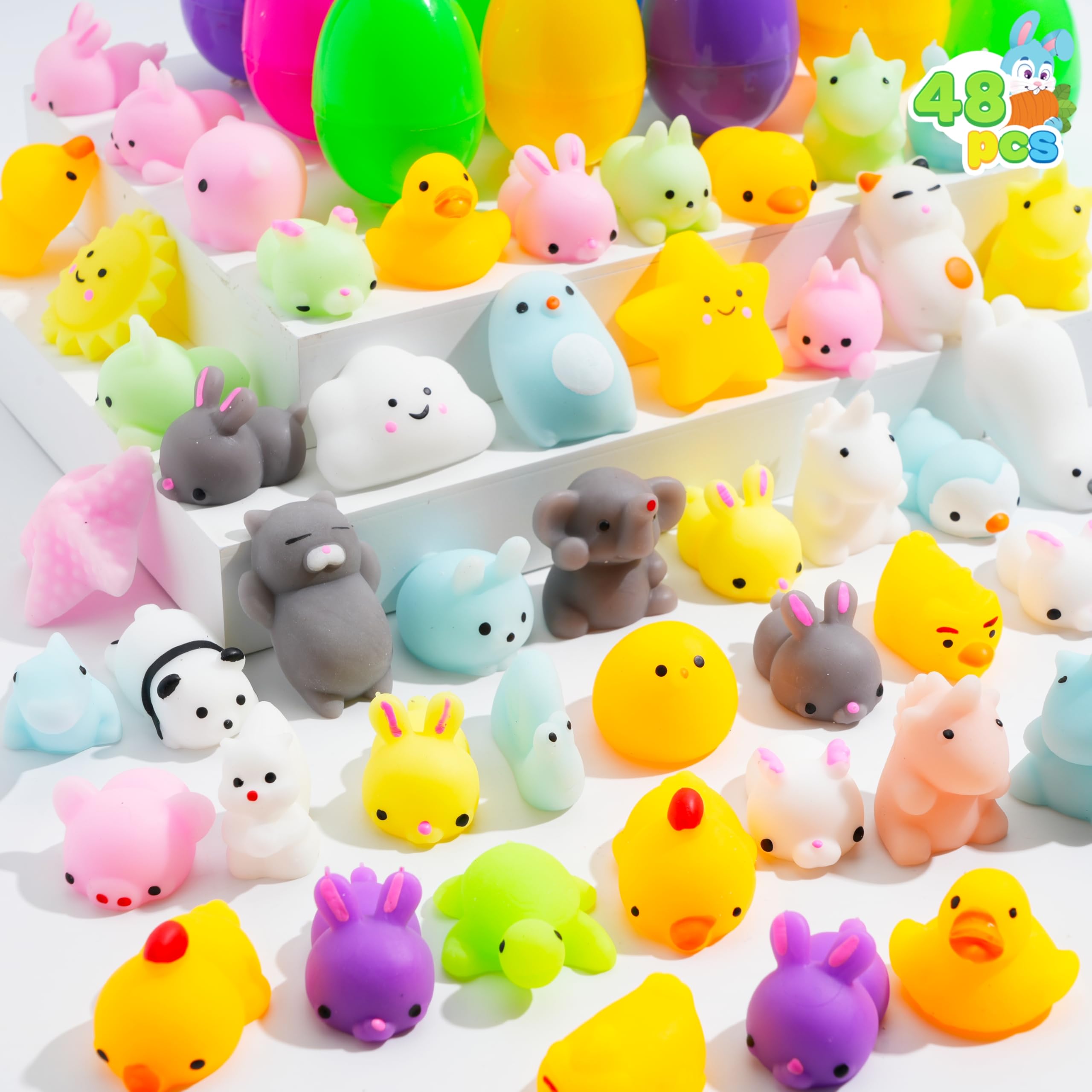 JOYIN 48 Mochi Squishy Toys Prefilled Easter Eggs; Kawaii Stress Reliever Squishies Toys Inside for Easter Theme Party Favor, Easter Eggs Hunt, Basket Filler, Classroom Prize Supplies, Multicolor