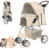 LPOTIUS 4-Wheel Pet Stroller for Small Dogs and Cats, Up to 33 lb, Gray | Foldable, Cup Holder Tray, 2 Tethers, Padded Mat, Basket, Breathable Mesh, Rear-Zip Door, Swivel Front Wheels and Rear Brakes