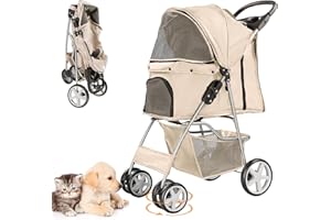 LPOTIUS Pet Stroller for Small Dogs and CatsQuick-Folding Portable Travel Cat Dog Stroller with Storage Basket and Cup Holder, 4 Wheels, Gray