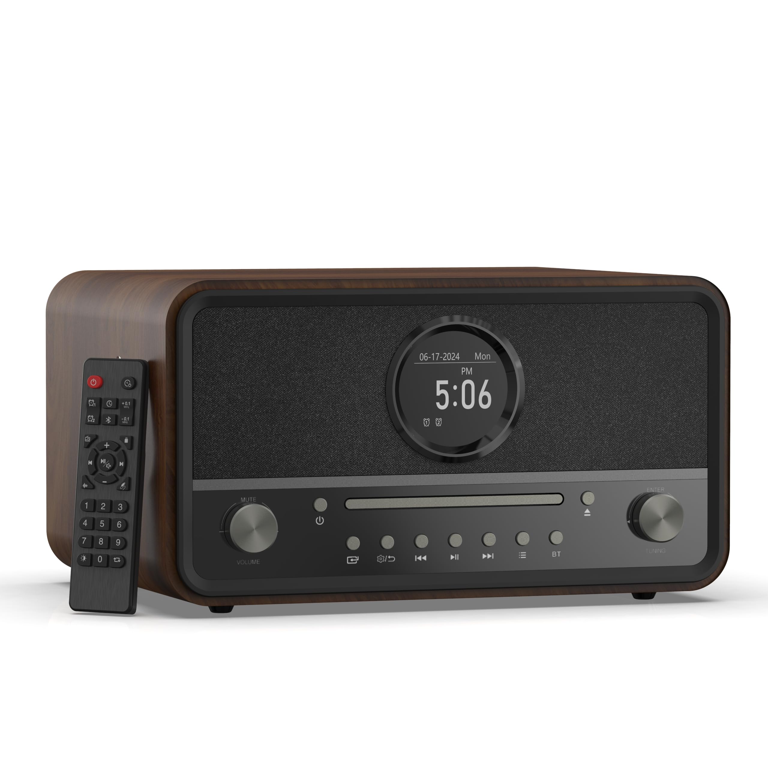 KEiiD Compact Radio CD Player with Speakers for Home, Retro Look Art-Deco Bluetooth Stereo Shelf System, LED Display with Dual Alarm Clocks, USB Playback, AUX, Headphone Output