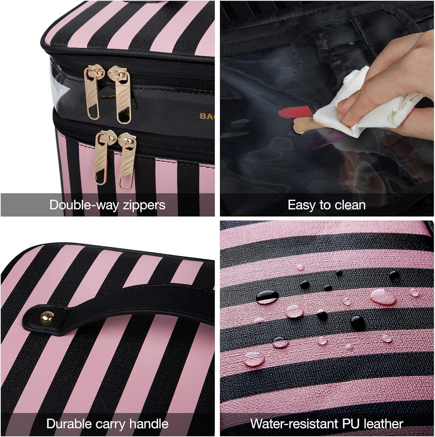 Travel Makeup Bag, BAGSMART Extra Large Cosmetic Bags Double Layer with Adjustable Dividers, Leather Makeup Bags Water-resistant Leather with Portable Clear Travel Makeup Cases, for Makeup, Cosmetics Tools, Brushes