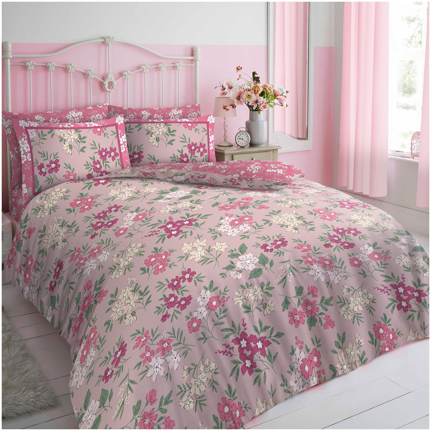 GC GAVENO CAVAILIA Reversible Duvet Cover Double Bed - Blossom 3 Piece Double Bedding Set (200 x 200 m) with Button Closure - Easycare Washable Quilt Covers - Pink