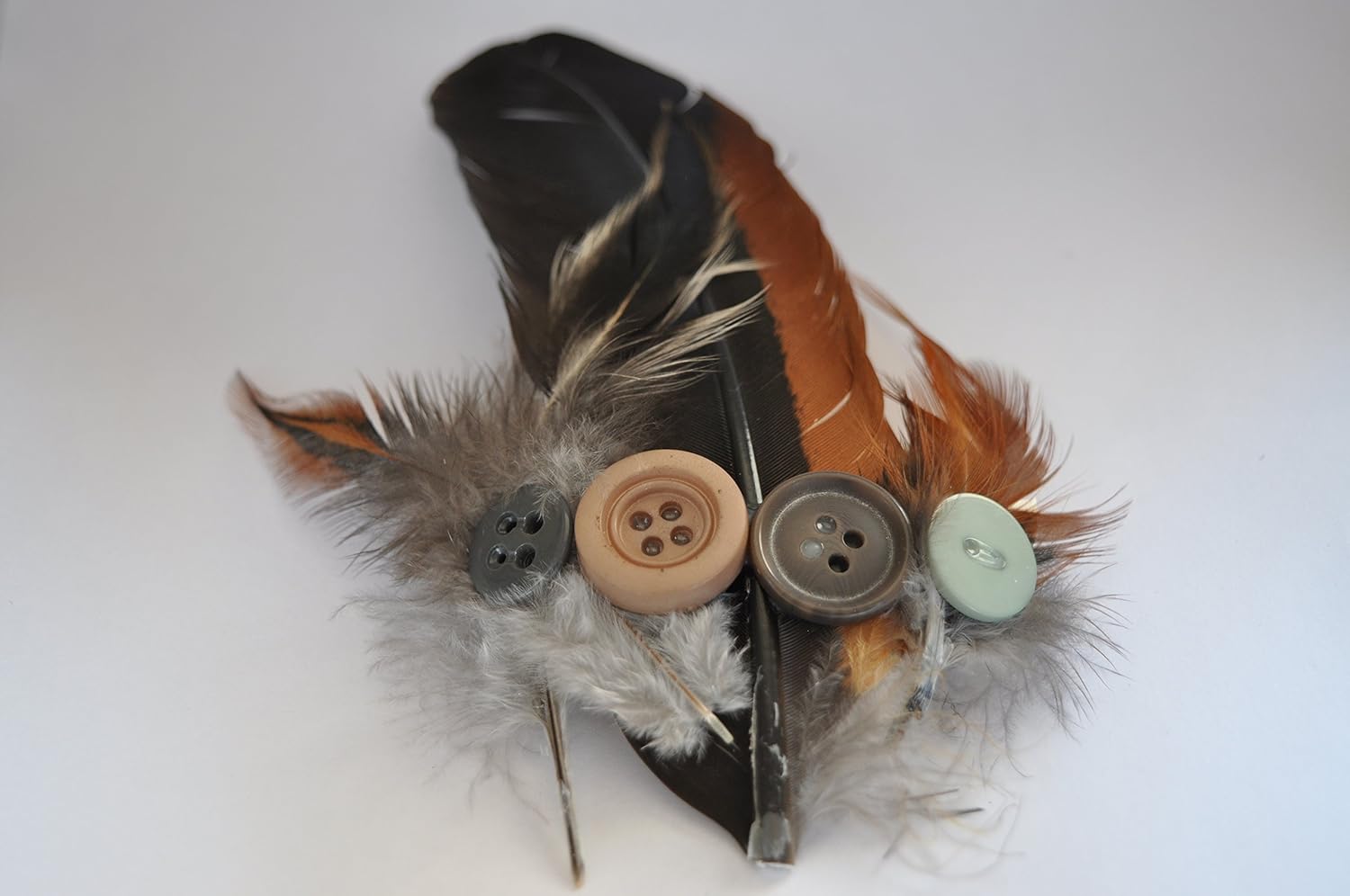 Feather Hair Clip with Vintage Buttons Handmade