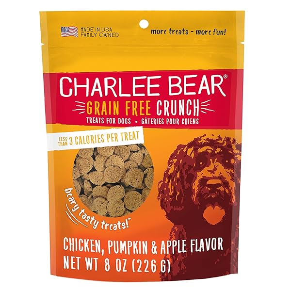 CHARLEE BEAR CRUNCH GRAIN FREE DOG TREATS, CHICKEN, PUMPKIN AND APPLE, 8 OUNCE RESEALABLE BAG, LOW CALORIE TRAINING TREATS FOR DOGS, LIMITED INGREDIENT, HEALTHY, CRUNCHY DOG SNACKS, MADE IN USA