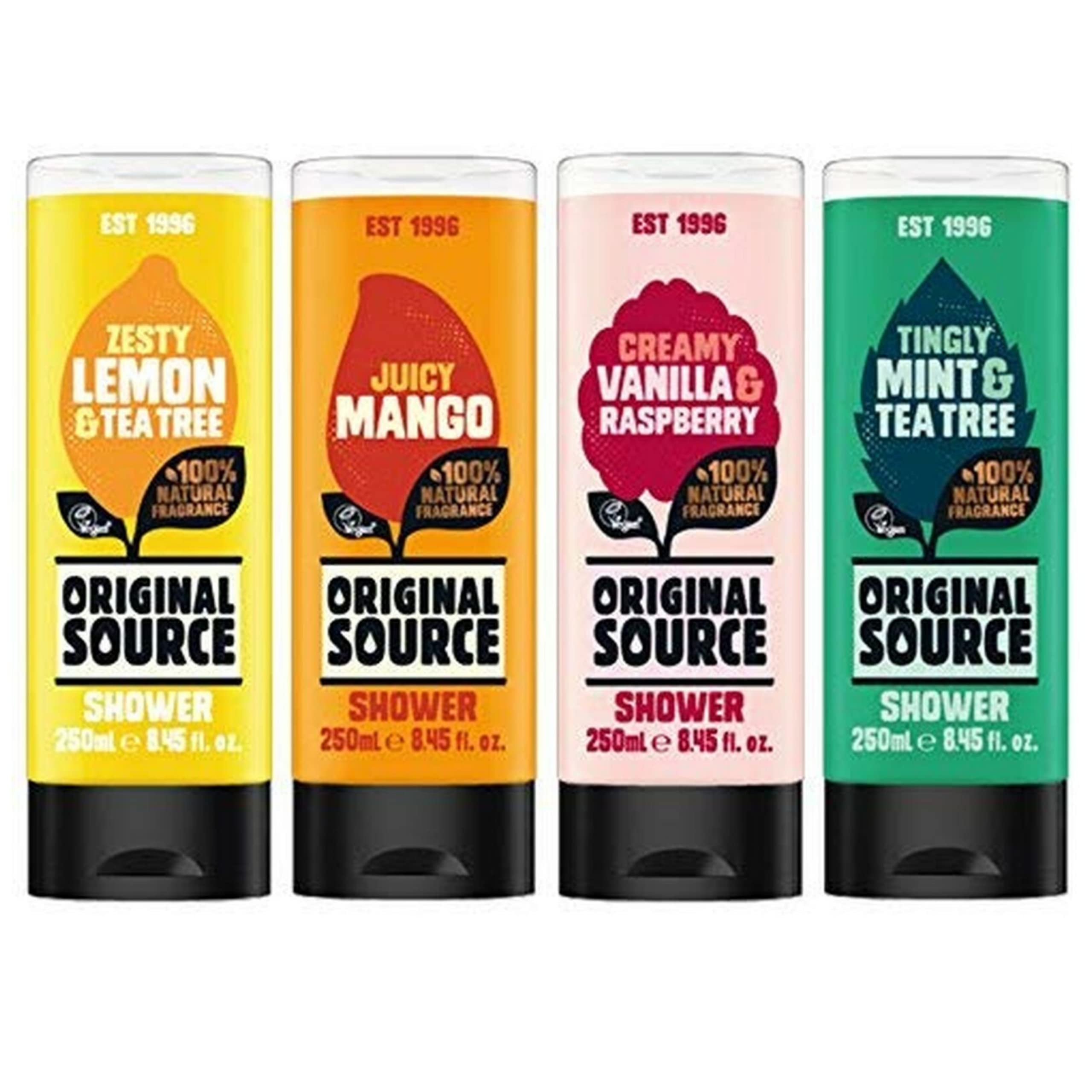 Original Source Shower Gel Set 4 x 250 ml Exotic Fragrances Mango, Lemon & Tea Tree, Vanilla & Raspberry, Mint & Tea Tree