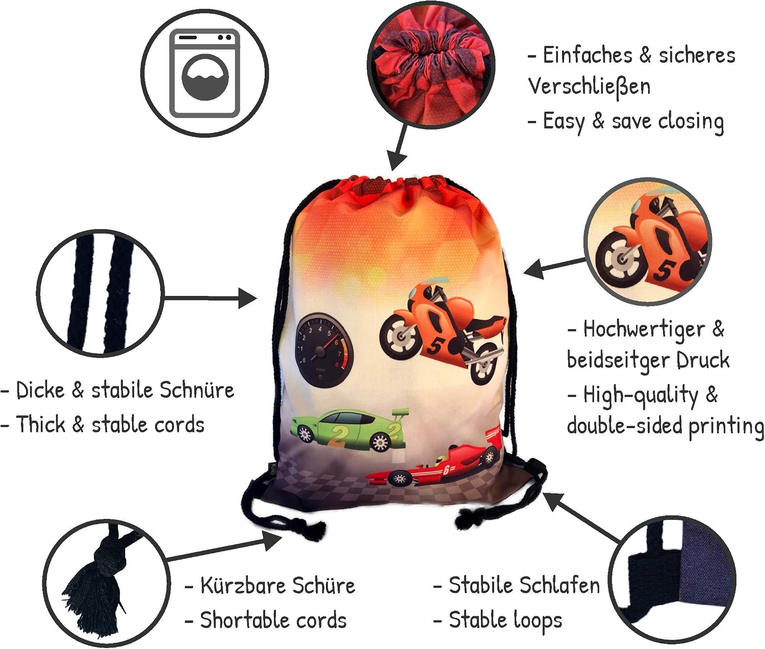 HECKBO kids racing cars gym drawstring bag, 40x32cm, 12.6" x 15.8", string bag, kindergarten daycare crèche school football - Image 4