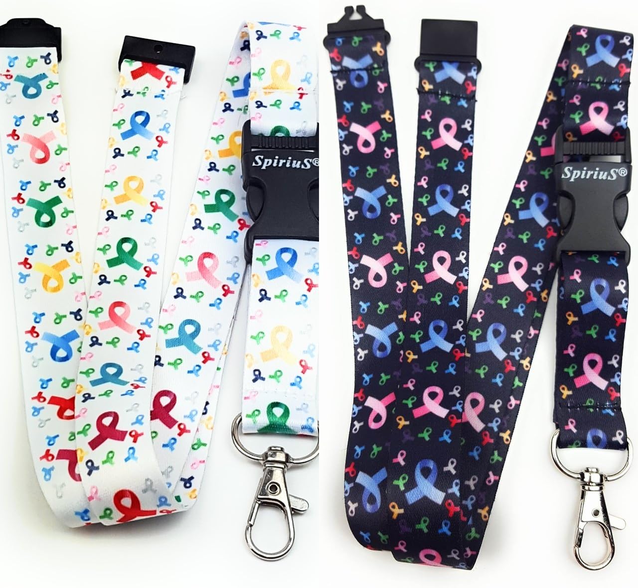 Set of 2 X Breakaway Pink Ribbon Lanyards Neck Straps with Safety Release Clip, Detachable Metal Clip for Card Holder, Keychain ID Phone Badge Holder (Cancer Logo Rainbow Set)