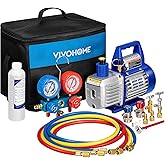 VIVOHOME 110V 1/4 HP 3.5CFM Single Stage Rotary Vane Air Vacuum Pump and AC Manifold Gauge Set Kit with Thermometer for R134a