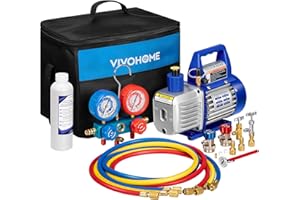 VIVOHOME 110V 1/4 HP 3.5CFM Single Stage Rotary Vane Air Vacuum Pump and AC Manifold Gauge Set Kit with Thermometer for R134a