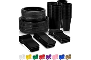 720-Piece Black Disposable Dinnerware Set - 120 Guest Plastic Dinnerware Set - 9" Dinner Plates, 7" Dessert Plates, 12oz Cups