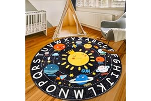 AKASISRUG Round ABC Kids Rug,4 Ft Soft Circle Alphabet Playroom Rug,Washable Non-Slip Solar System Kids Play Rug,Space Educational Rug Kids Carpet for Classroom Playroom Bedroom Kids Room Decor