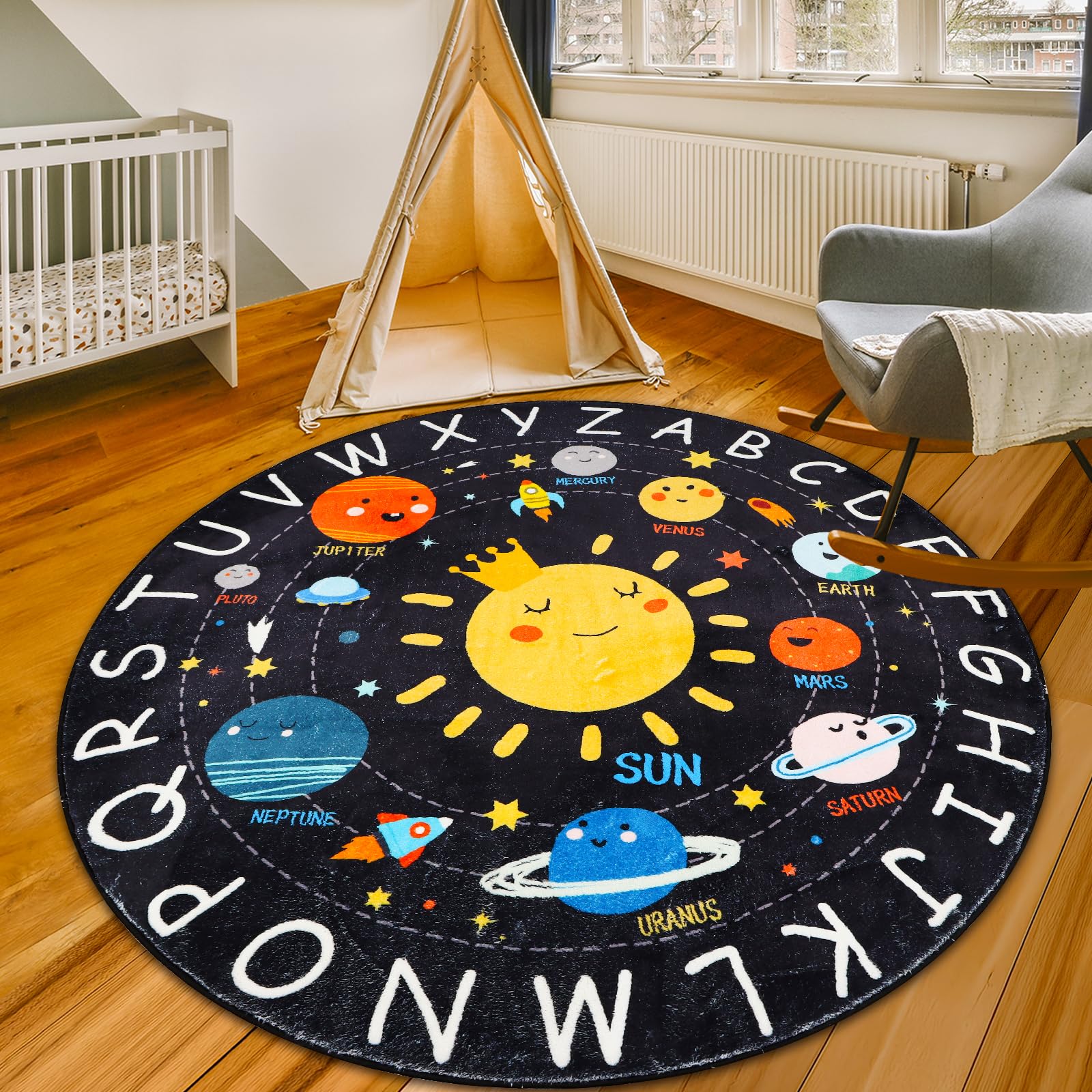 Photo 1 of Round ABC Kids Rug,4 Ft Soft Circle Alphabet Playroom Rug,Washable Non-Slip Solar System Kid Play mat,Space Educational Rugs Kids Carpet for Classroom Playroom Bedroom Kids Room Decor