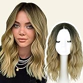 NOVFLKW Ombre Blonde Short Wavy Wig for Women Shoulder Length Middle Part with Pre Cut Lace Hairline Wavy Wig Natural Appearance Synthetic Heat Resistant Fiber for Everyday Hairstyle 16 Inch