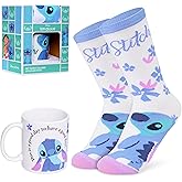 Disney Stitch Mug and Socks Gift Set Women Teenagers Cute 10.5oz Ceramic Mug Calf Socks Stocking Stuffers Gifts for Her (White/Blue)