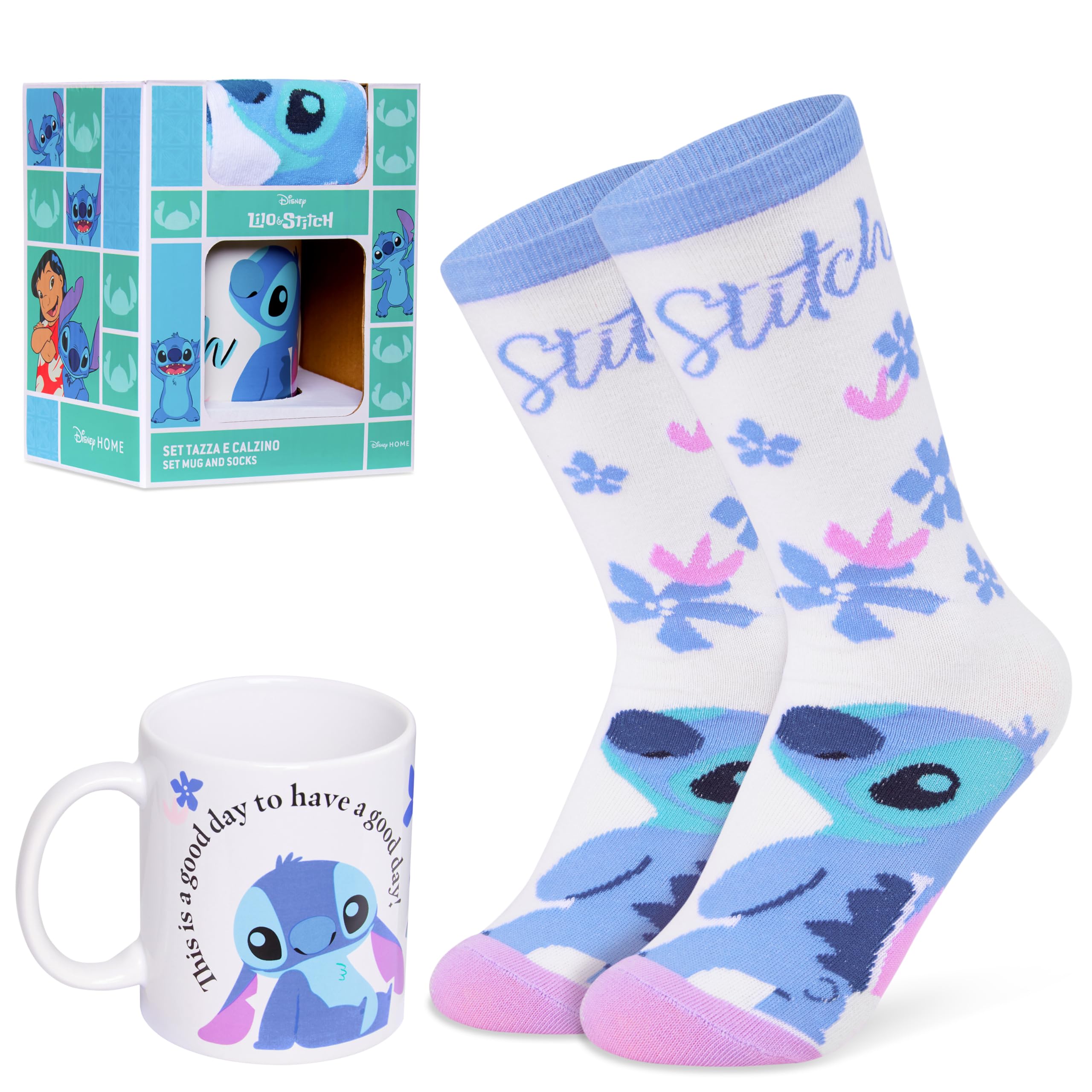 Disney Stitch Mug and Calf Socks Gift Set for Women Teenagers Cute 312ml Ceramic Mug Soft Socks, Stocking Filler Gifts for Her (White/Blue)