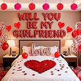 Red 16" Will You Be My Girlfriend Balloons Letters Set- 10Pcs Heart Balloons, LOVE Alphabet Foil Mylar Balloons with 1000 Pcs Artificial Rose Petals for Valentines Day Decorations