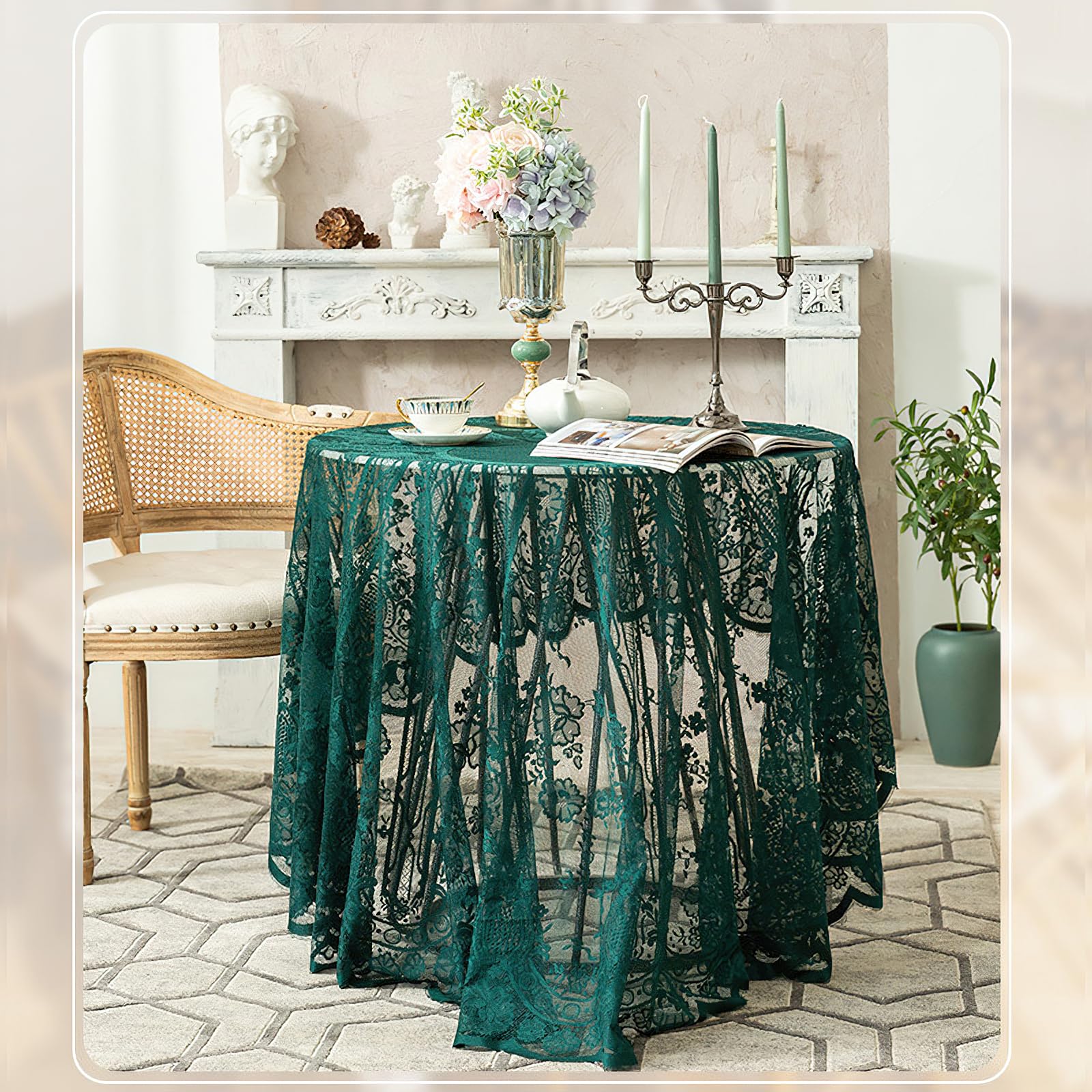 auons Round Lace Tablecloth 75 inch, Vintage Floral Embroidered Table Cloth, Romantic Chic Lace Table Cover for Wedding Banquet Party Holiday Dinner Table Decor, Dark Green