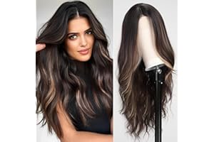 KOME Long Brown Highlight Wavy Wig for Women,Middle Part Curly Wavy Wig, Natural Looking Synthetic Heat Resistant Fiber Wig for Daily Party Use 26IN