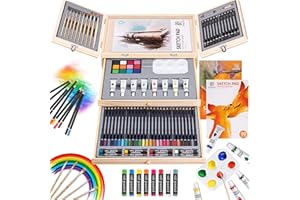 POPYOLA Art Supplies, Deluxe Art Set, Professional Art Kit in Portable Wooden Case, 3 Drawing Pads, Oil Pastels, Colored Pencils, Creative Gift for Teens Beginners Girls Boys
