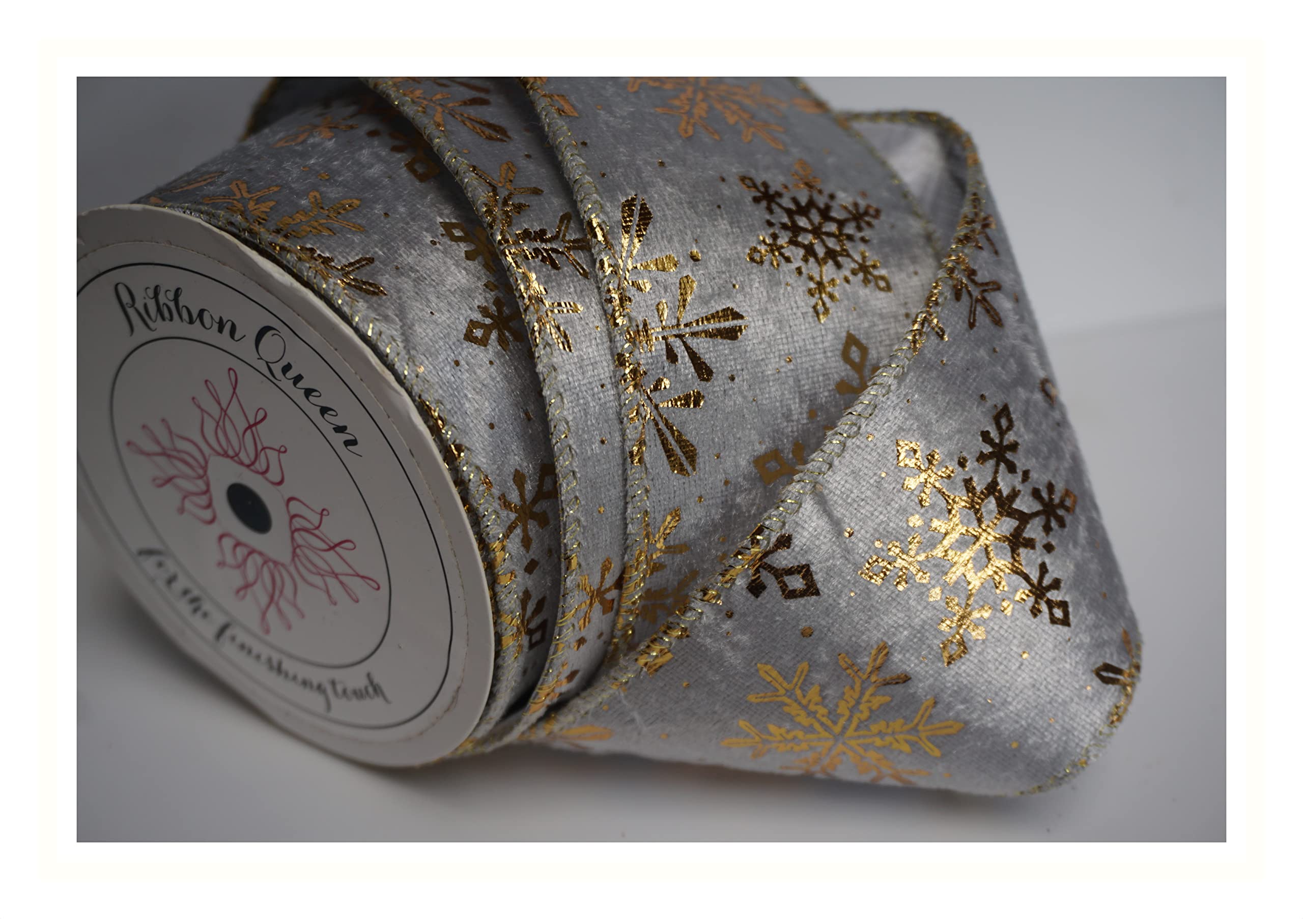 10 yd Roll Wide Wire Edge Christmas Ribbon Wired Edged (63mm / 2.5”) Silver Grey Velvet with Gold Foiled Snowflakes from a British Company. Tree Tinsel Wreath Garland Present Buy with Confidence