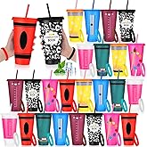 Pickmesh 24 Set/48 Pcs Christmas Teacher Appreciation Gift Back to School Cup 24 oz Reusable Plastic Cups with Lids & Straws and Silicone Bracelets Wristbands for Classroom First Day of School
