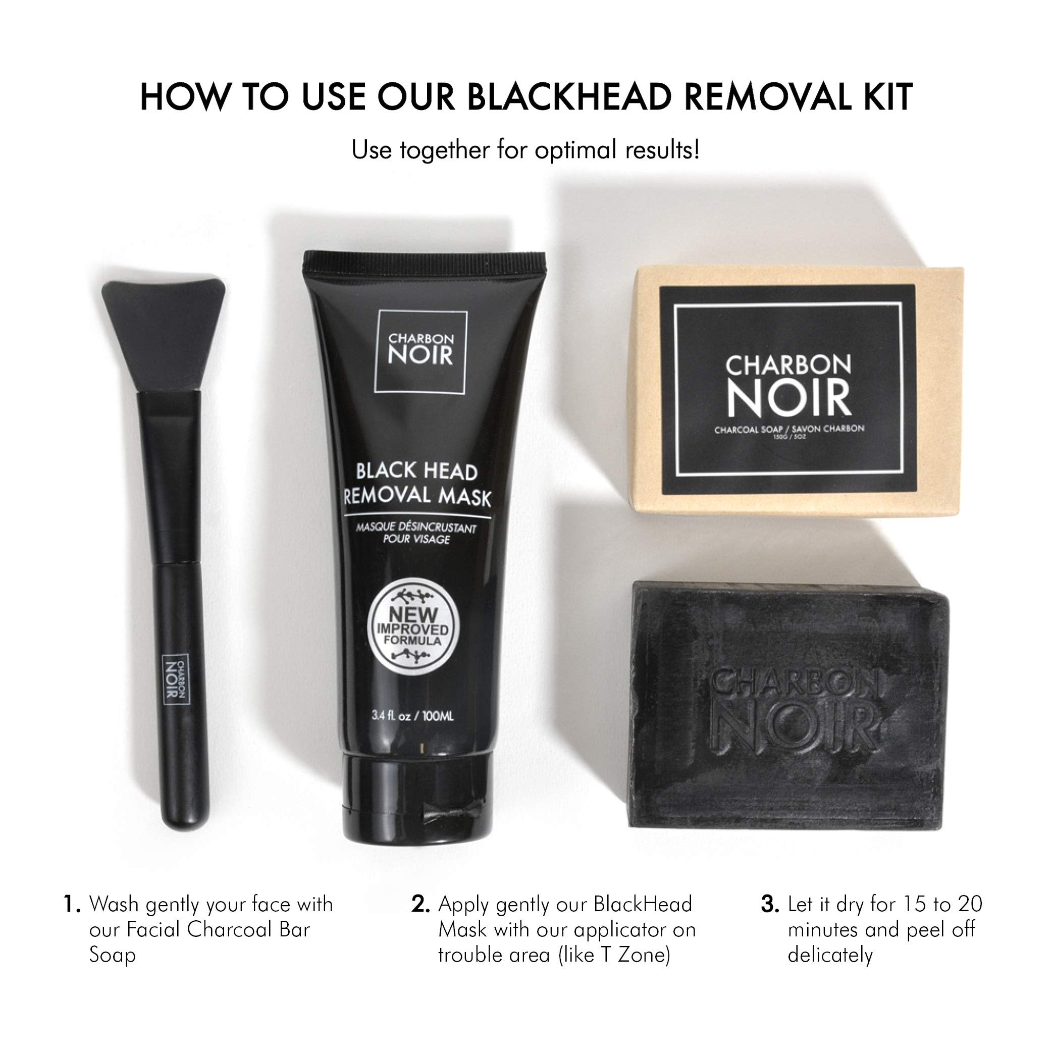 Charbon Noir Blackhead Removal Kit | 1 Blackhead Mask (100ml), 1 Facial Bar Charcoal Soap (150g), 1 Mask Applicator | Peel Off Mask For All Skin Types