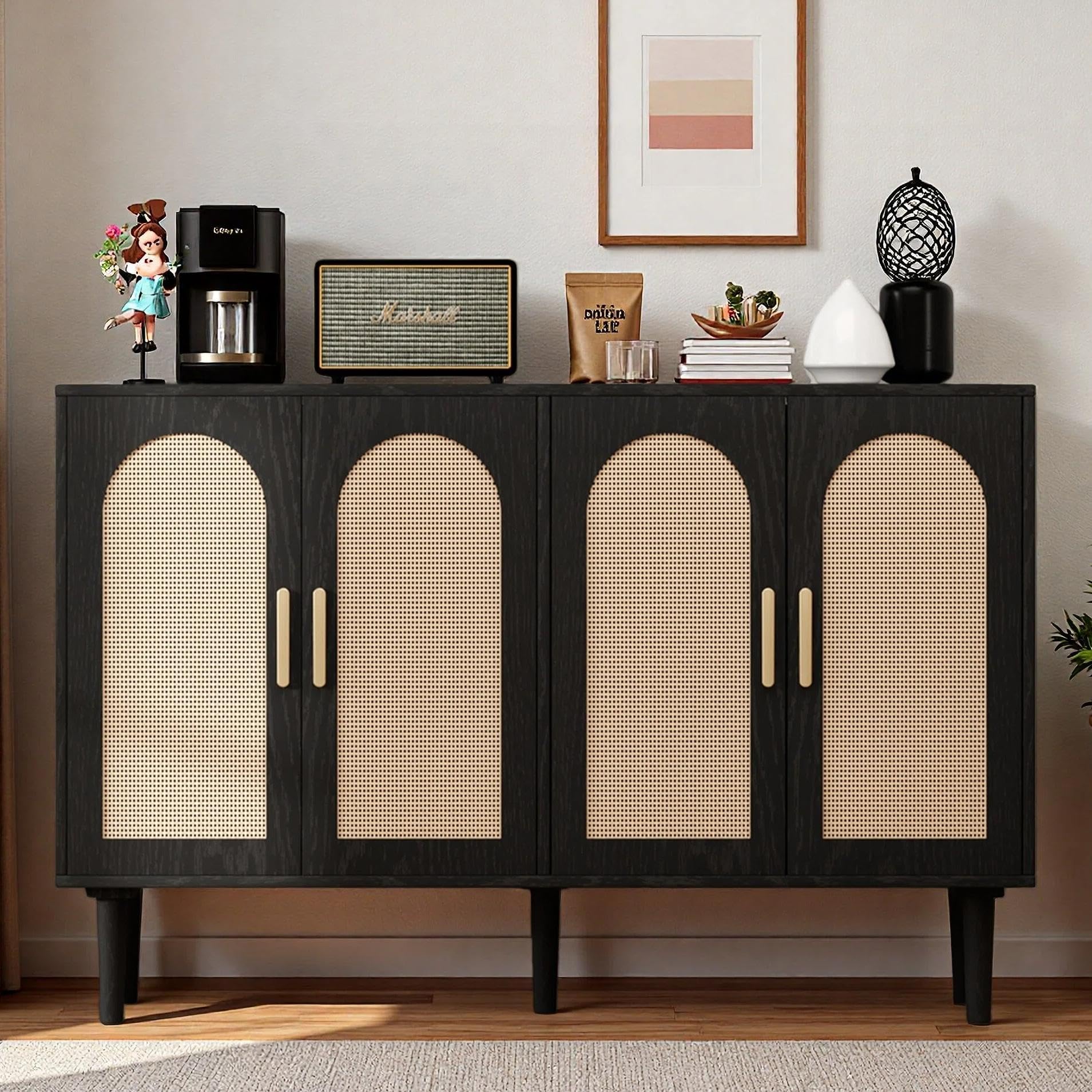 Photo 1 of (sold as parts)  2-Door Rattan Sideboard Buffet Cabinet, 47" Large Storage Cabinet with Shleves, Wood Modern Accent Credenza Kitchen Table (for recreation)
