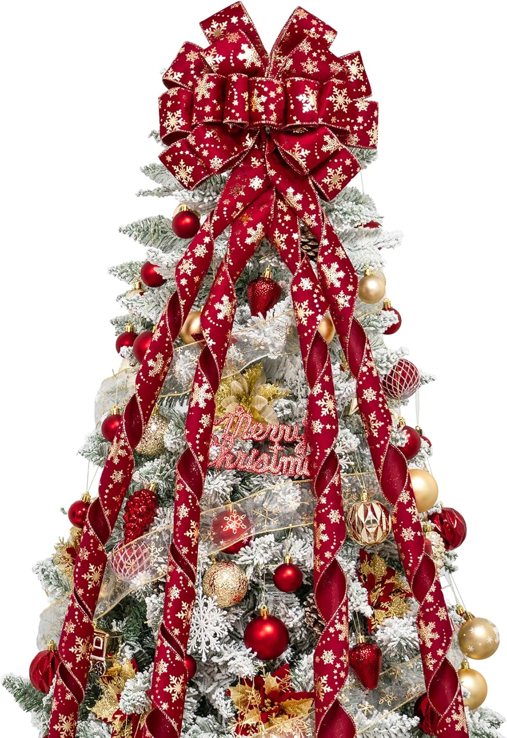 Tree Toppers - Christmas Tree Topper Bow, 53x13 Inches Large Christmas Velvet Topper Bow with Gold Snowflakes, Decorative Ribbon Bows for Xmas Tree Wreath Door Festival Home Decor(Red & Gold Snowflake)