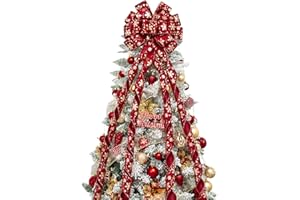 Hismir Christmas Tree Topper Bow, 53x13 Inches Large Christmas Velvet Topper Bow with Gold Snowflakes, Decorative Ribbon Bows