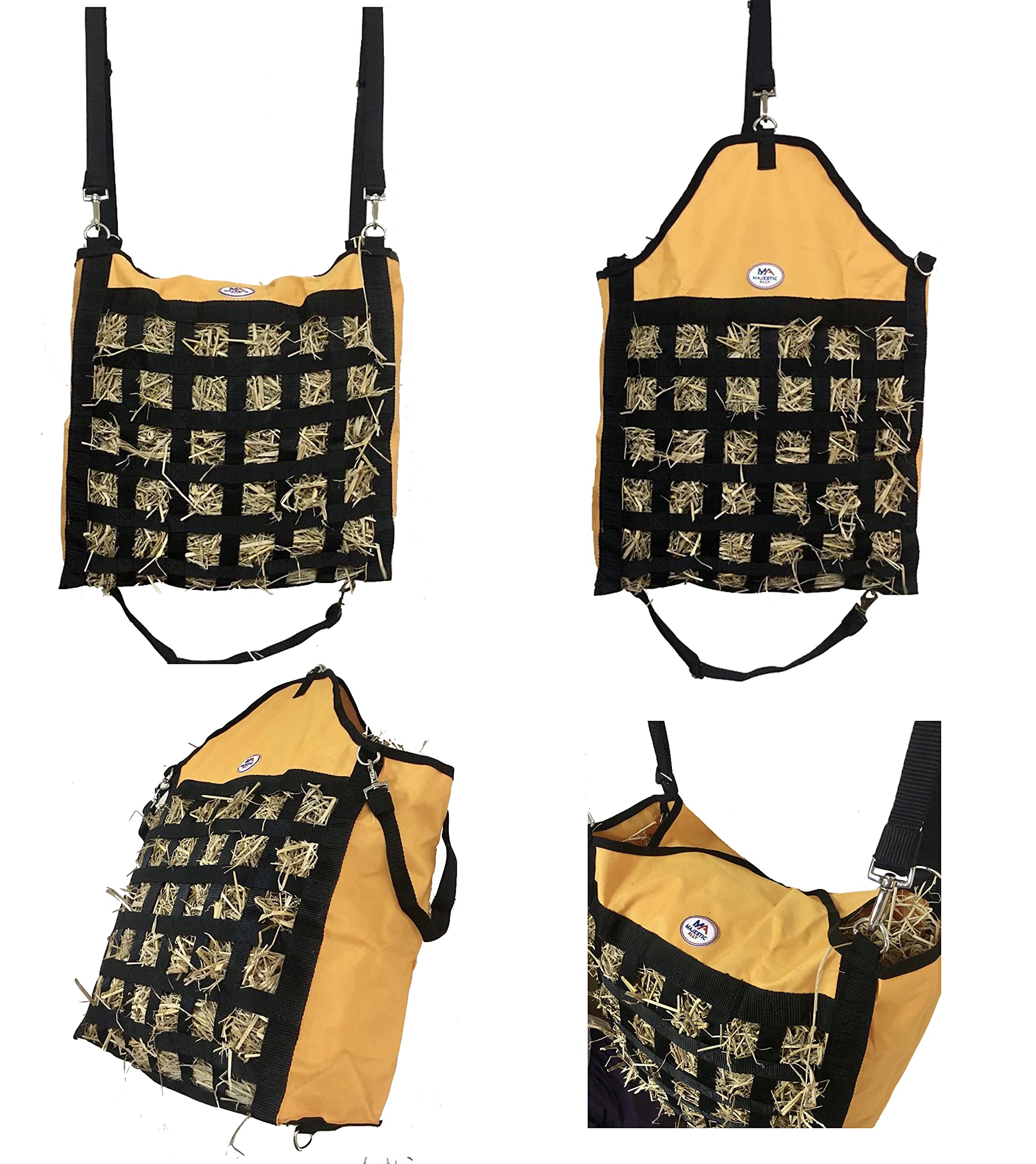 Majestic Ally Slow Feed Hay Bag for Horses, Adjustable Travel Feeder for Trailer, Stall, and Portable Wear, Feeding Sack with Strap Support, Simulates Grazing, Reduces Waste (Orange)