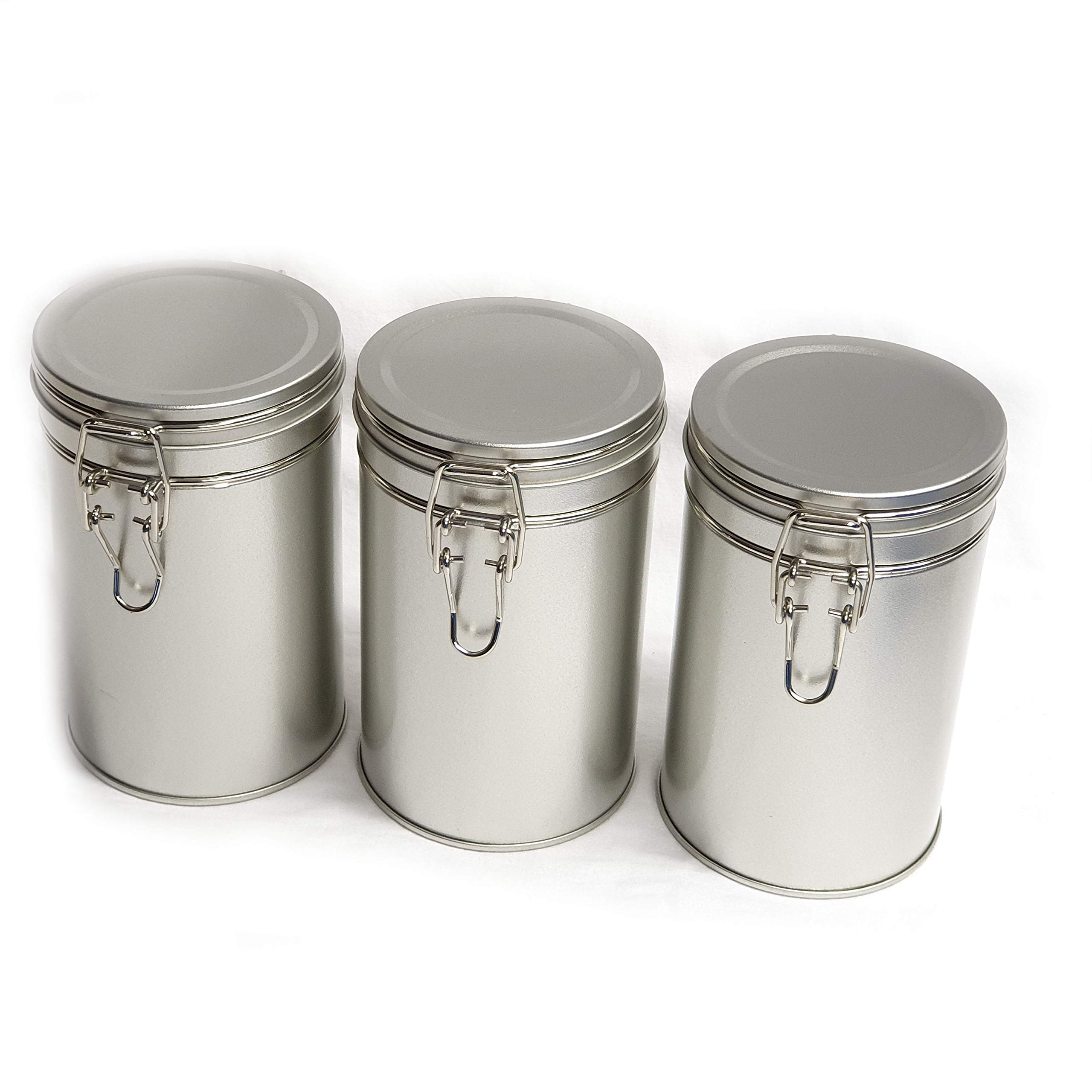 Set of 3 Kitchen Food Storage Canisters Containers Small - Airtight Clip Lid - Tea/Coffee/Sugar - Compact Slim Metal Caddies - 1 Pint - Silver