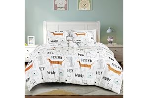 ESCA Woof Friends Kids Comforter Set Full/Queen Size Kids White Comforter Set with Dog Toy Throw Pillow - for Boys and Girls
