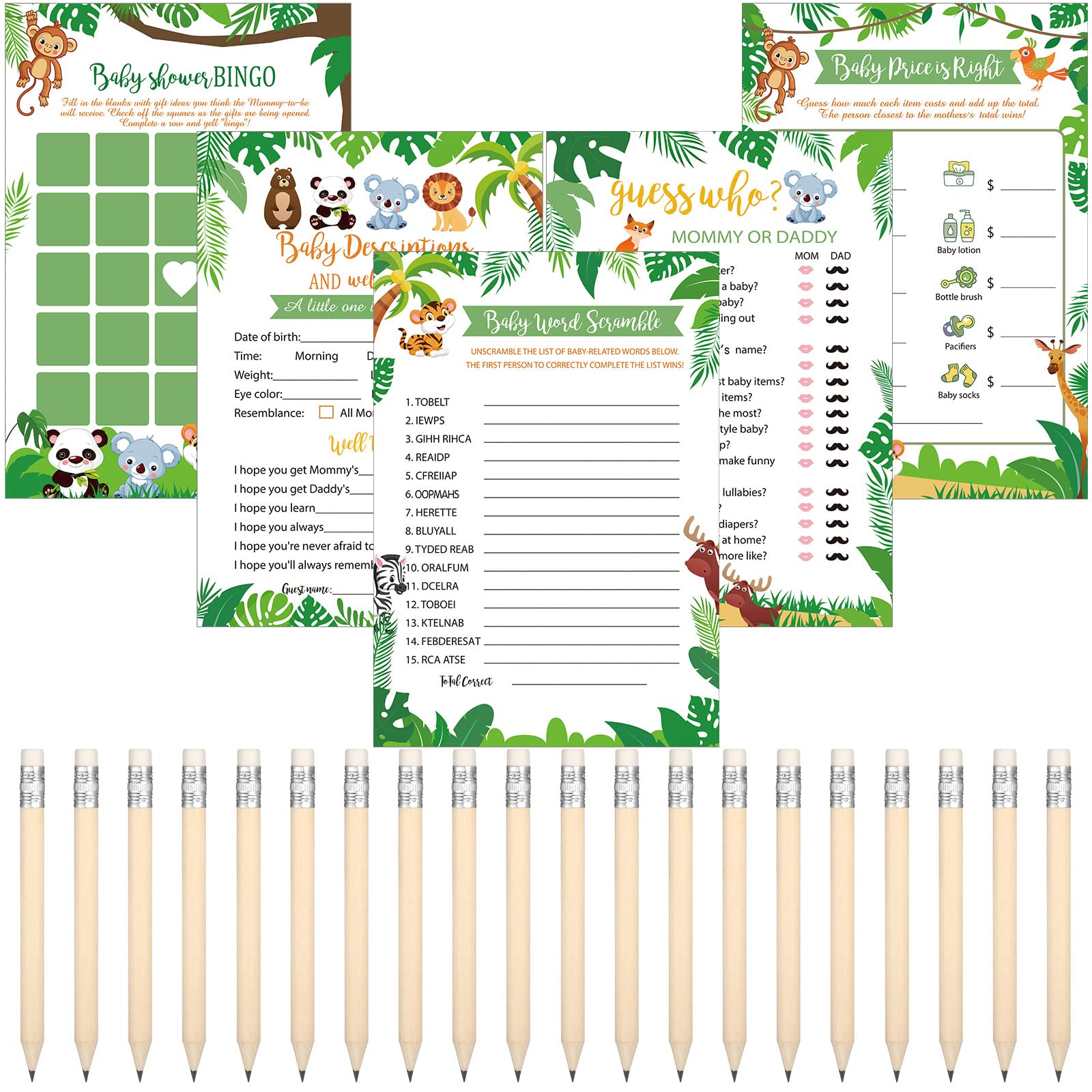 Photo 1 of Yinder 145 Pcs Baby Shower Games Activities Cards with 20 Pencils Includes Baby Bingo Description and Wishes Guess Who Price is Right Word Scramble Game(Forest Style)