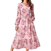 Seta T Women's Long Sleeve Floral Dresses V Neck Boho Ruffle Tiered Flowy Chiffon Midi Dress with Pocket
