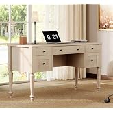 WAMPAT Wood Executive Desk with 5 Drawers &amp; Charging Station, Beige, 56" | Farmhouse Writing Desk with File Cabinet &amp; Open Shelf, Built‑in Outlet &amp; USB Type-C Port, Wood Home Office Desk for Study