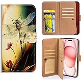 Bcov Case for iPhone 16,Colorful Dragonfly Style Multifunction Leather Phone Case Wallet Flip Cover with Multi Card Slots Pocket Wrist Strap for Apple iPhone 16