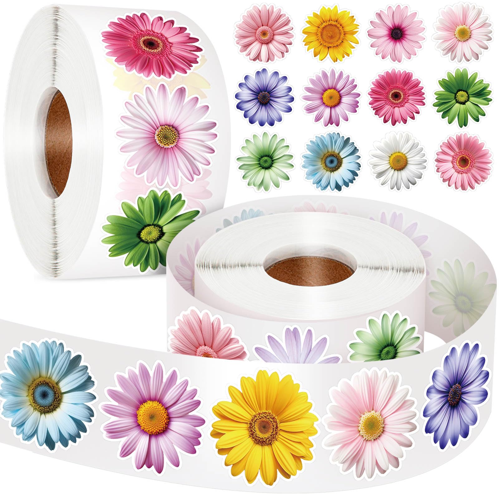 Photo 1 of 1200 PCS Flower Stickers Roll for Kids, Daisy Stickers and Sun-Proof Flower Roll Sticker for Scrapbooks, Water Bottle, Present Boxes Decorations (16 Styles)