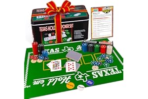 Gamie Texas Holdem Poker Game Set - Includes Hold’em Mat, 2 Card Decks, Chips, Chip Holder and Tin Storage Box - Fun Game Night Supplies - Cool Casino Gift for Kids & Adults