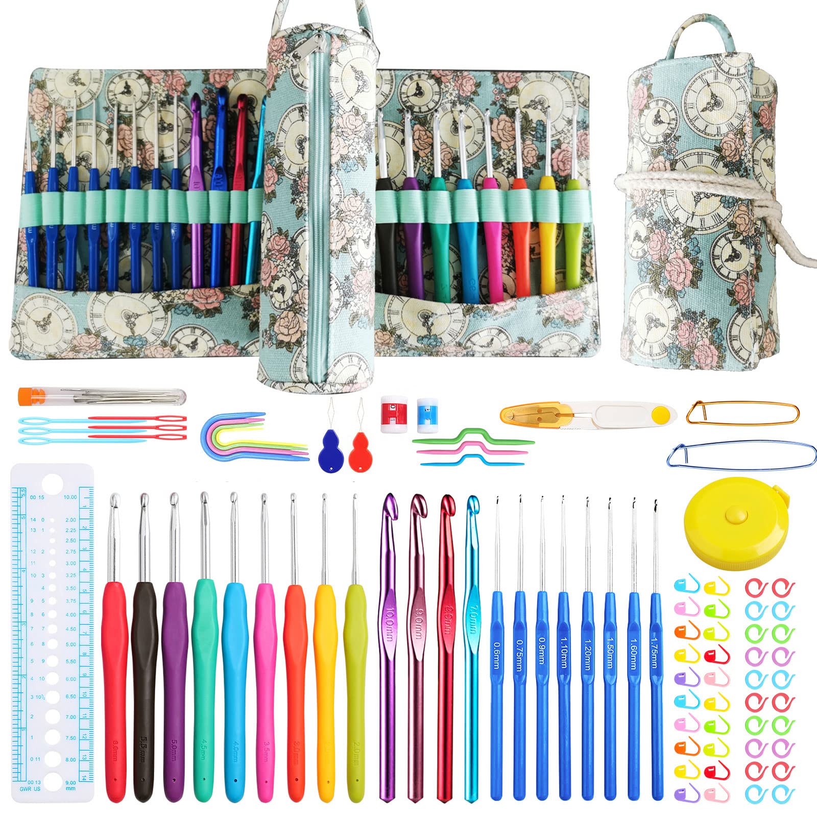 JOZEA Crochet Kits - Ergonomic Handles Crochet Hooks Set in Various Sizes, Accessories Kit with Portable Organizer Bag, Light Green