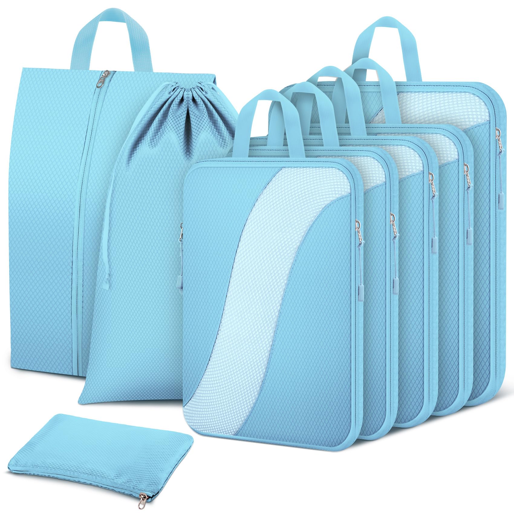 Photo 1 of 8 Set Compression Packing Cubes Travel, Expandable Travel Cubes for Carry on Luggage, Suitcase Organizer Compression Bags for Travel Essentials, Light Blue