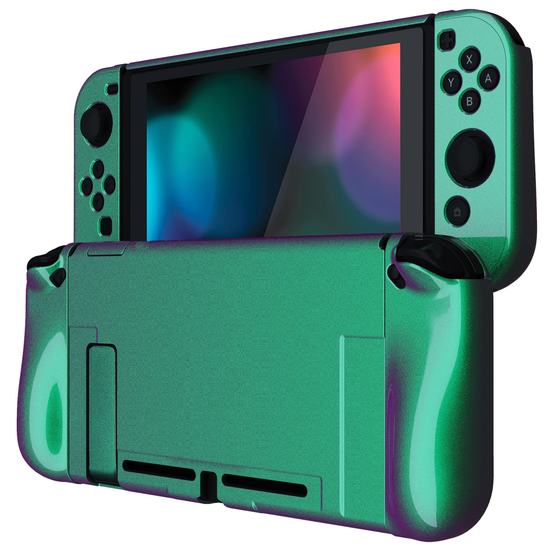 playvital UPGRADED Glossy Dockable Case Grip Cover for Nintendo Switch, Ergonomic Protective Case for Nintendo Switch, Separable Protector Hard Shell for Joycon - Chameleon Green Purple