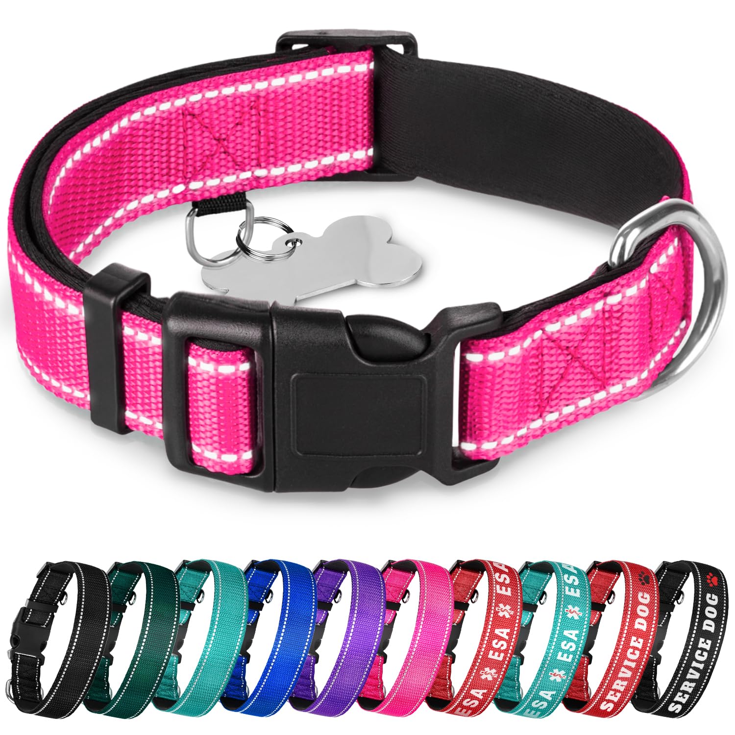 Photo 1 of TECEUM Reflective Dog Collar – Hot Pink – M – Extra Soft Padding – Basic Nylon Pet Collar – Quick Release Buckle – Fits Small, Medium and Large Dogs, Puppies, Cats – ESA & Service Dog Options