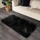 Sienna Black Fluffy Area Rug 80x150cm Soft Non-Shedding Anti-Slip