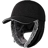 Gisdanchz Faux Fur Lined Wool Blend Baseball Cap with Long Earflaps, Baseball Cap Style Bomber Hat for Cold Weather