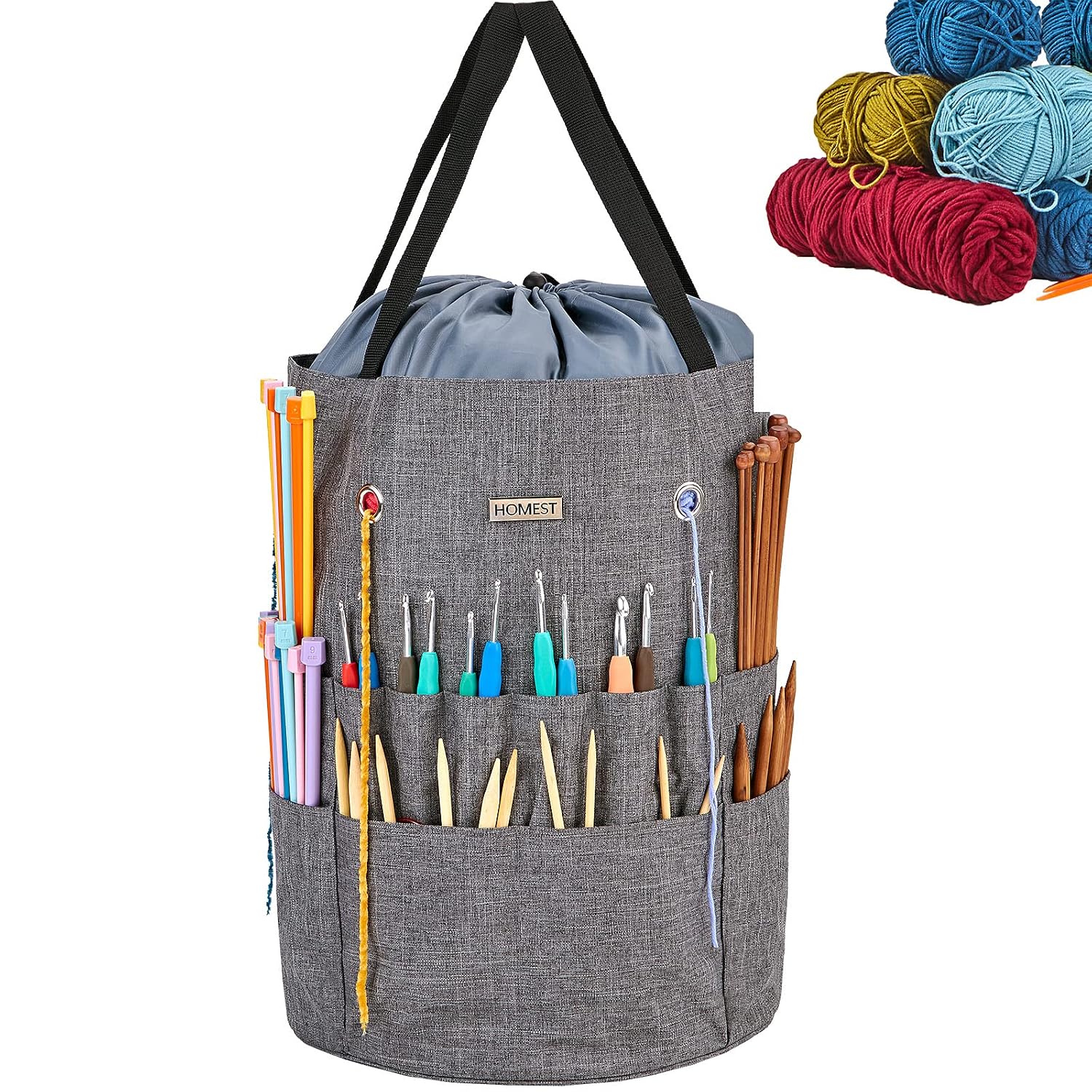 HOMEST Crochet Bag Organizer for Yarn Storage, and Knitting Accessories | Customized front compartment, 6 oversized grommets