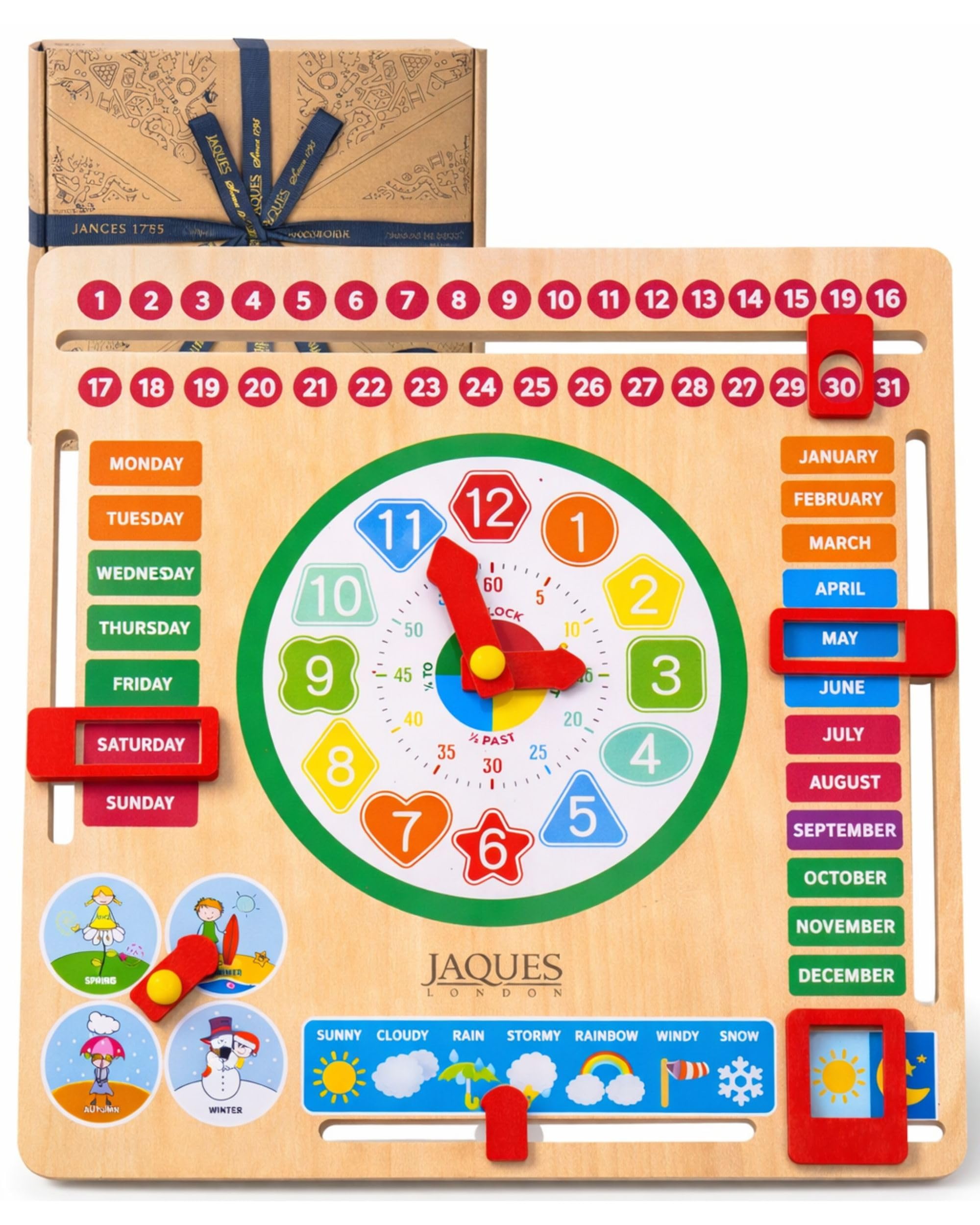 Jaques of London Learning Kids Calendar Clock | Wooden Educational Toys for 3 Year olds with Weather for Preschool Children | Learn to Tell the Time Days and Months | Since 1795