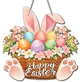 Easter Wreath Sign for Front Door, Happy Easter Bunny Wood Sign Door Hanger,Egg Rabbit Wall Hanging Plaque Decorations for Home Shop Garden 10x10 Inches