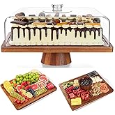 HouseJoy Acacia Wood Cake Stand with Lid-Extra Large 17" Rectangular Cake Holder,2-in-1 Dessert Table Display Set & Charcuterie Board,Acrylic Cake Dome Cover for Cheese/Veggie/Desert /Chips & Dip